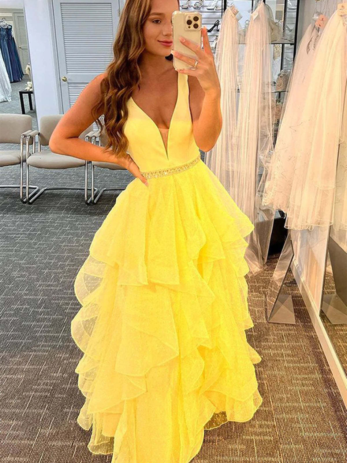 V Neck Layered Yellow Tulle Long Prom Dresses with Belt, V Neck Yellow Formal Graduation Evening Dresses