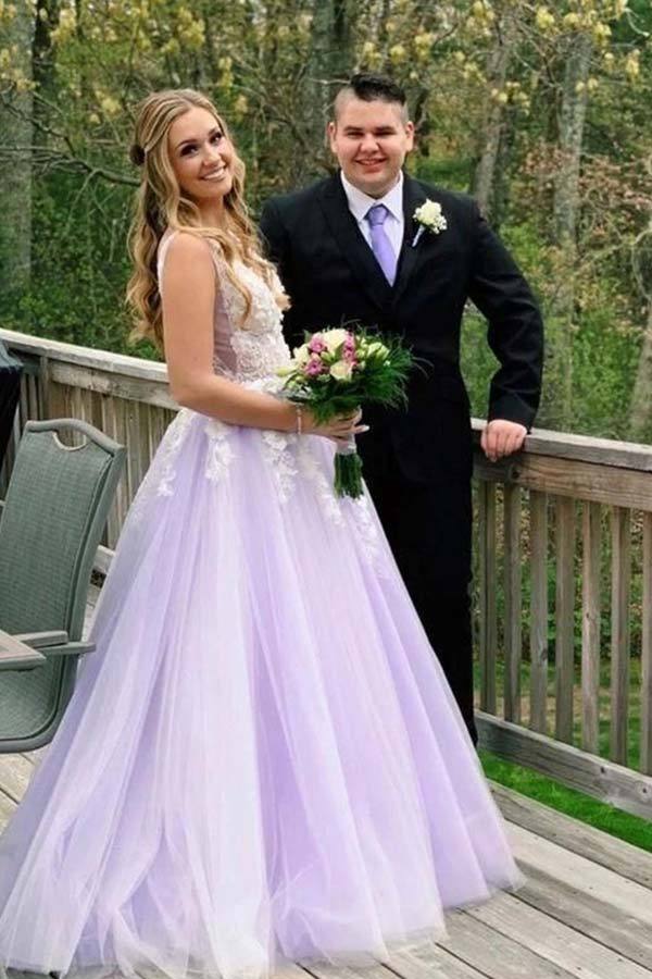 V Neck Lilac Tulle Long Prom Dresses With White Lace WP395