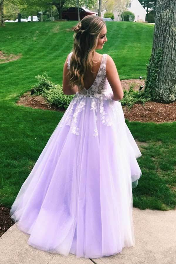 V Neck Lilac Tulle Long Prom Dresses With White Lace WP395