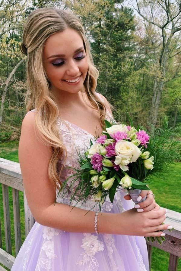 V Neck Lilac Tulle Long Prom Dresses With White Lace WP395