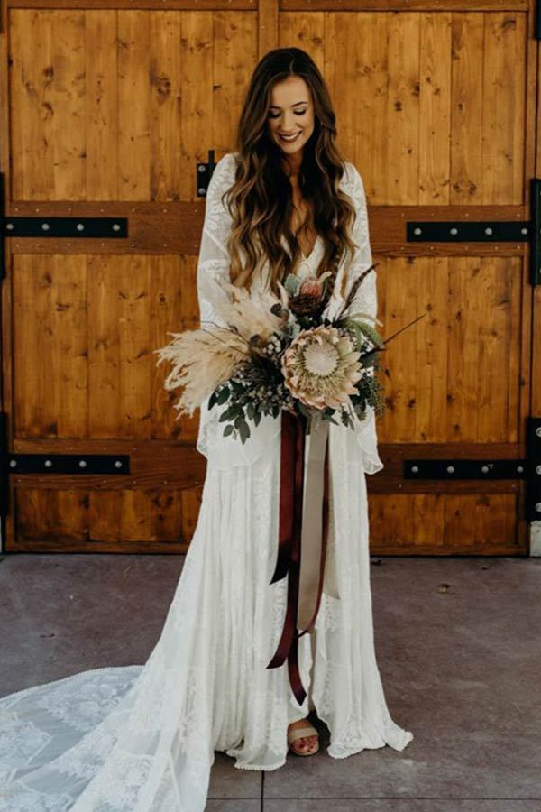 V-neck Long Sleeve Lace Wedding Dresses