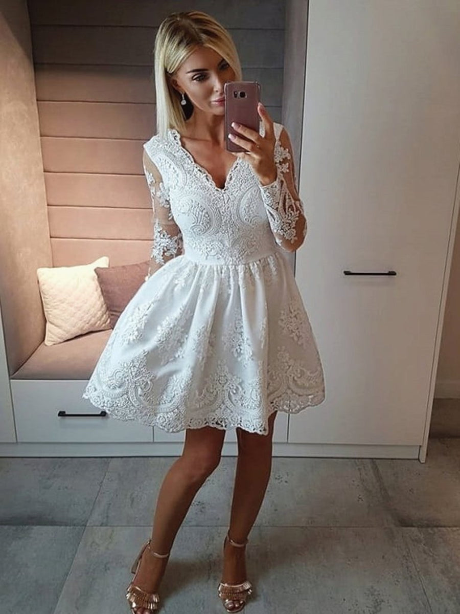 V Neck Long Sleeves Lace White Short Prom Dresses Homecoming Dresses, Long Sleeves White Lace Formal Graduation Evening Dresses