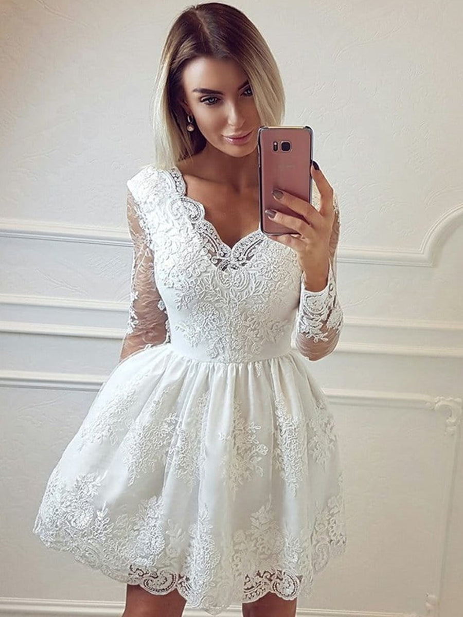 V Neck Long Sleeves Lace White Short Prom Dresses Homecoming Dresses, Long Sleeves White Lace Formal Graduation Evening Dresses
