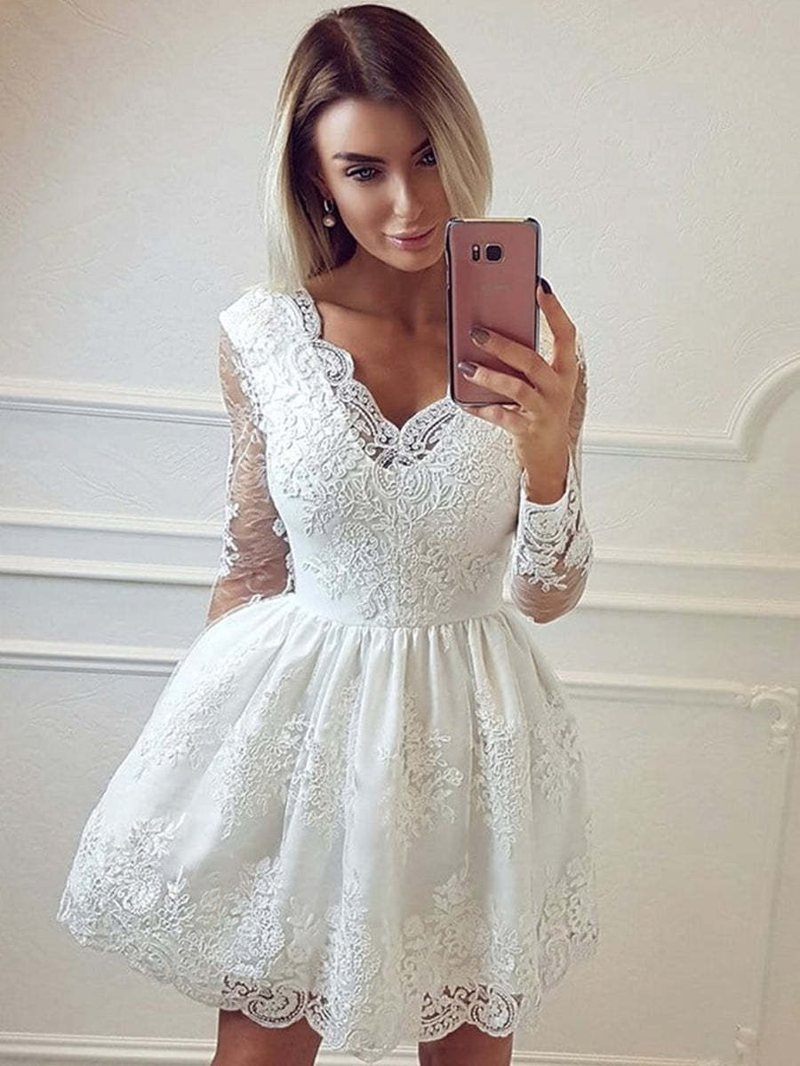 V Neck Long Sleeves Lace White Short Prom Dresses Homecoming Dresses, Long Sleeves White Lace Formal Graduation Evening Dresses