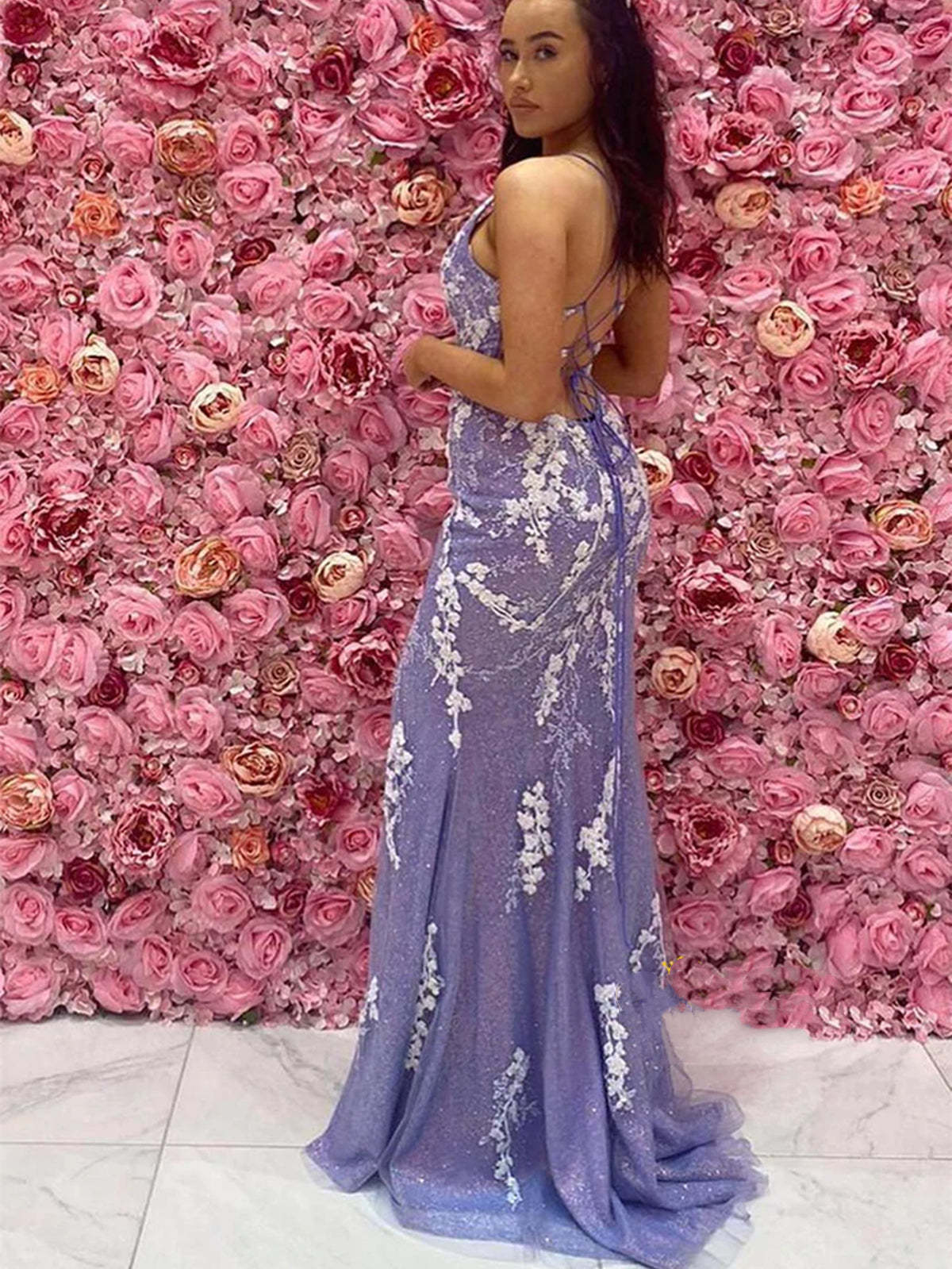 V Neck Mermaid Open Back Purple Lace Long Prom Dresses with High Slit, Mermaid Purple Formal Graduation Evening Dresses