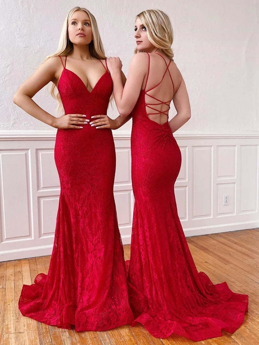 V Neck Mermaid Red Lace Long Prom Dresses, Mermaid Lace Red Formal Dresses, Red Lace Evening Dresses
