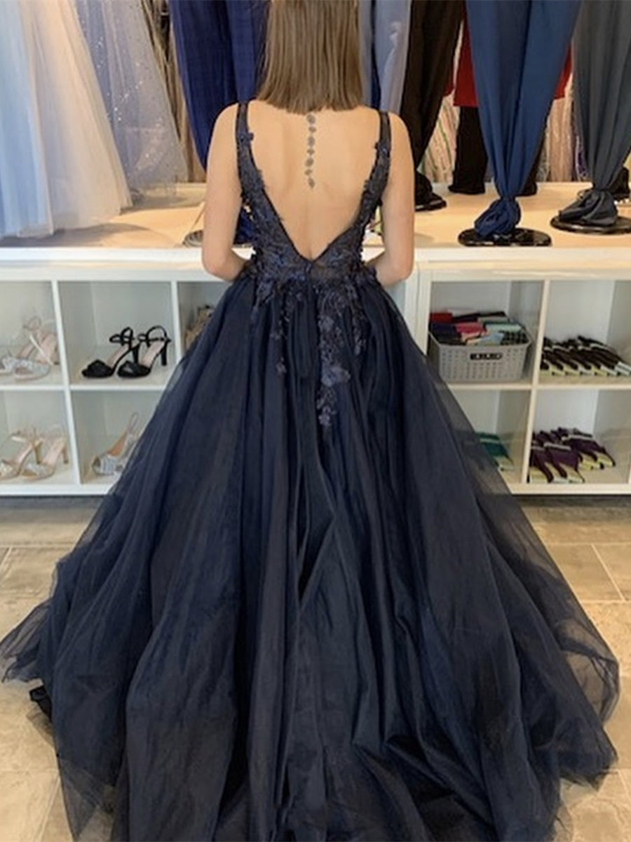 V Neck Open Back Beaded Appliques Black Lace Long Prom Dresses, V Neck Black Formal Evening Dresses, Black Ball Gown