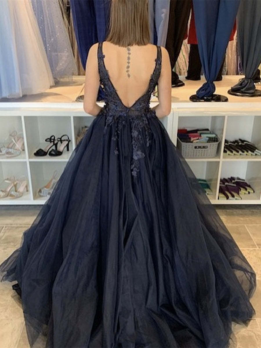 V Neck Open Back Beaded Appliques Black Lace Long Prom Dresses, V Neck Black Formal Evening Dresses, Black Ball Gown