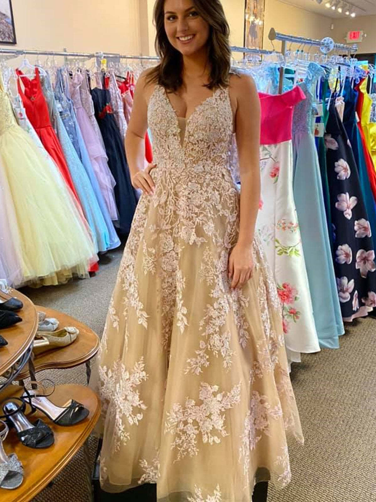 V Neck Open Back Champagne Tulle Lace Long Prom Dresses, Champagne Lace Formal Graduation Evening Dresses
