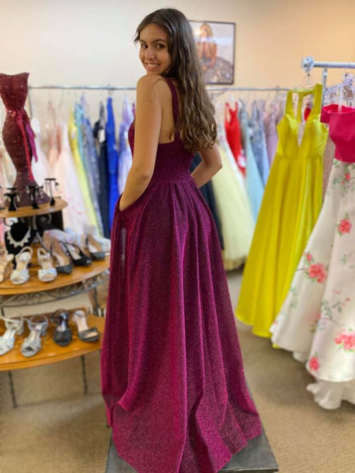 V Neck Open Back Purple Long Prom Dresses, V Neck Purple Formal Dresses, Purple Evening Dresses