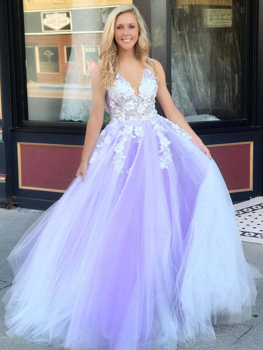 V Neck Open Back White Lace Appliques Top Purple Tulle Long Prom Dresses, Lace Purple Formal Dresses, Evening Dresses 2019