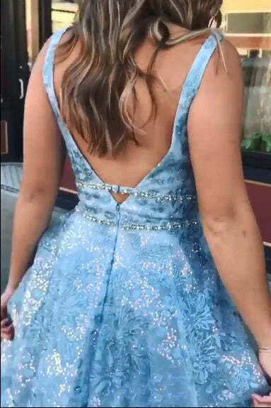 V Neck Sky Blue Tulle Lace Appliques Prom Dress With Beading