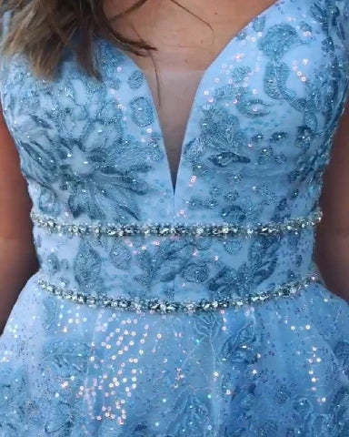 V Neck Sky Blue Tulle Lace Appliques Prom Dress With Beading
