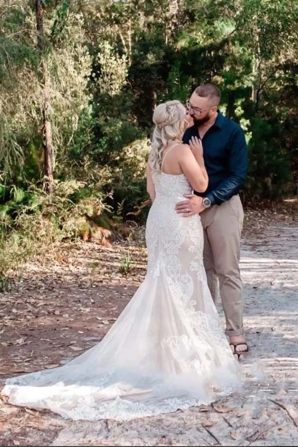 V Neck Spaghetti Straps Lace Mermaid Wedding Dress WW259