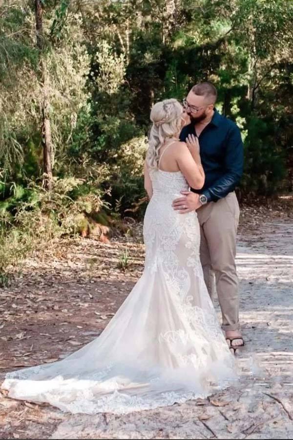 V Neck Spaghetti Straps Lace Mermaid Wedding Dress WW259