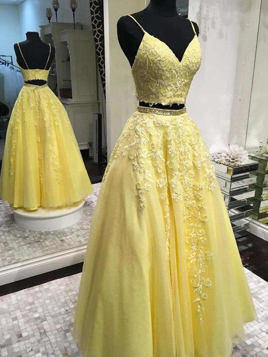 V Neck Two Pieces Backless Beaded Yellow Lace Long Prom Dresses, 2 Pieces Lace Yellow Formal Dresses, 2 Pieces Backless Yellow Evening Dresses