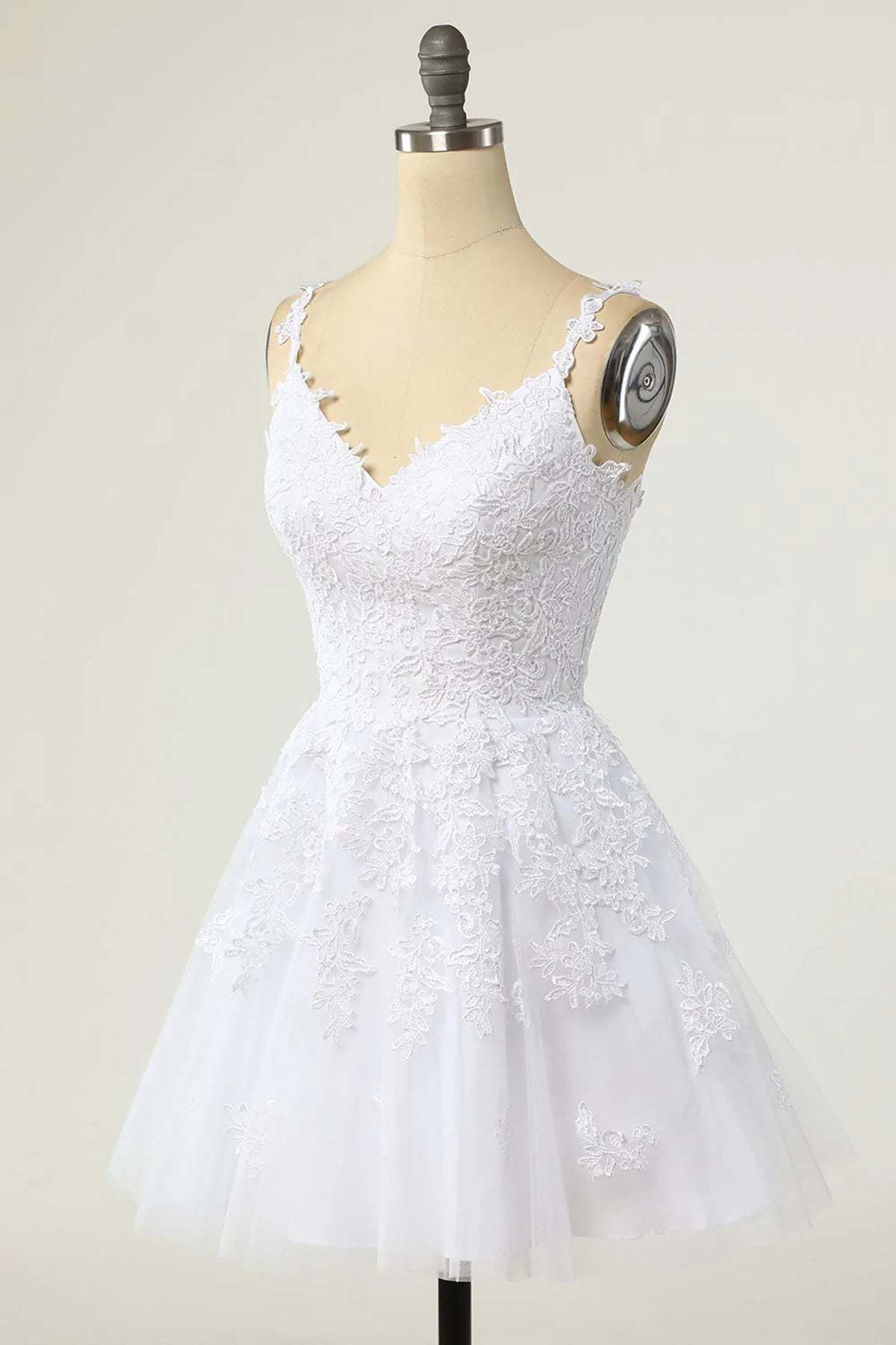 V Neck White Lace Tulle Short Prom Homecoming Dresses, White Lace Formal Graduation Evening Dresses