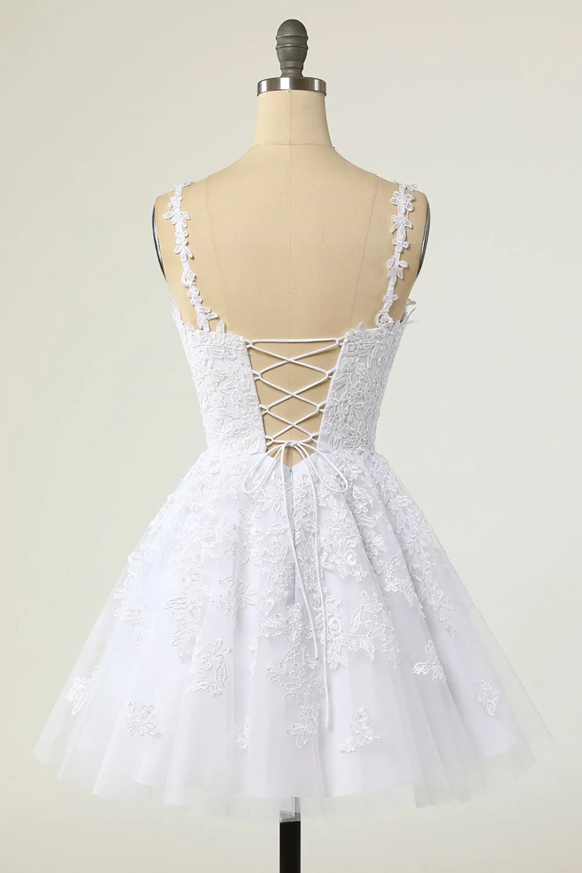 V Neck White Lace Tulle Short Prom Homecoming Dresses, White Lace Formal Graduation Evening Dresses