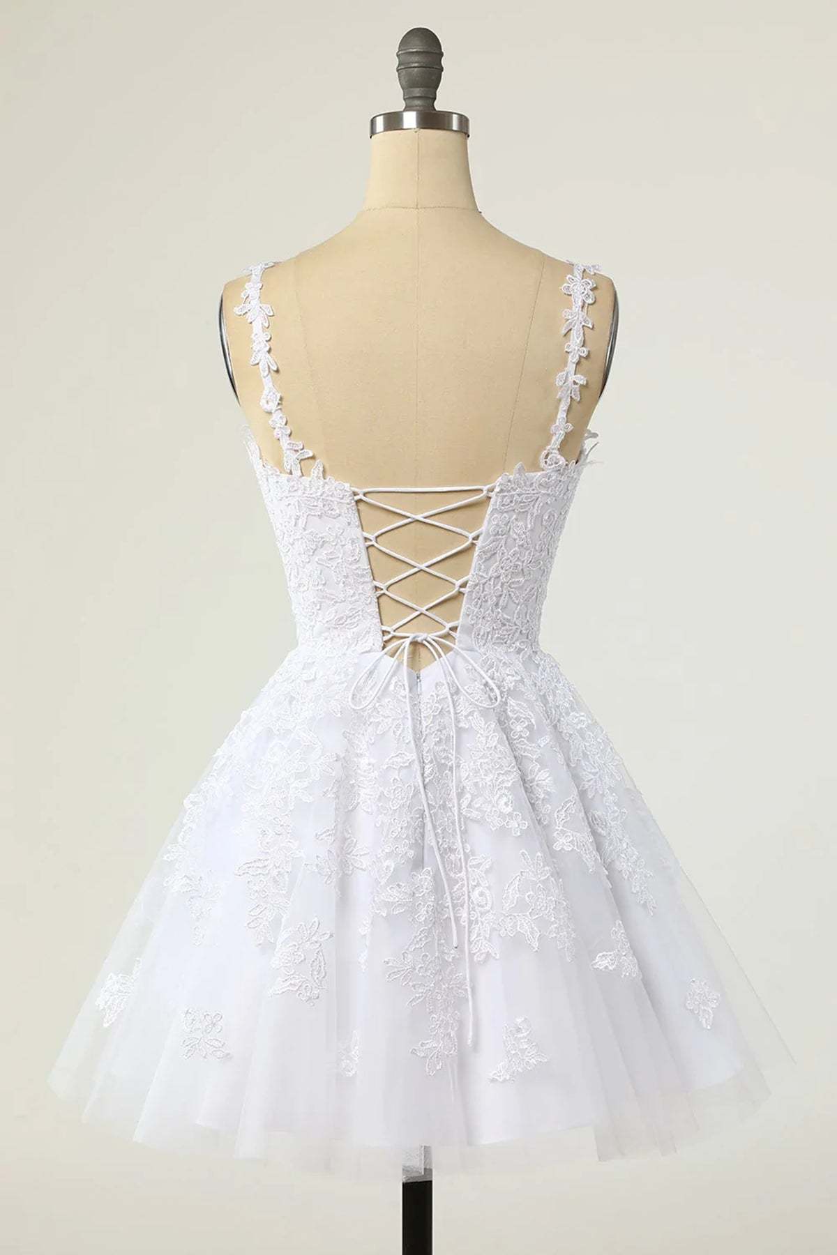 V Neck White Lace Tulle Short Prom Homecoming Dresses, White Lace Formal Graduation Evening Dresses