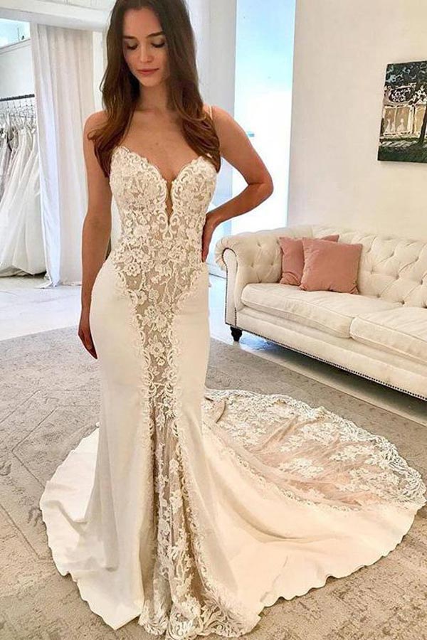 Vintage Mermaid Ivory Satin Gorgeous Lace Wedding Dress