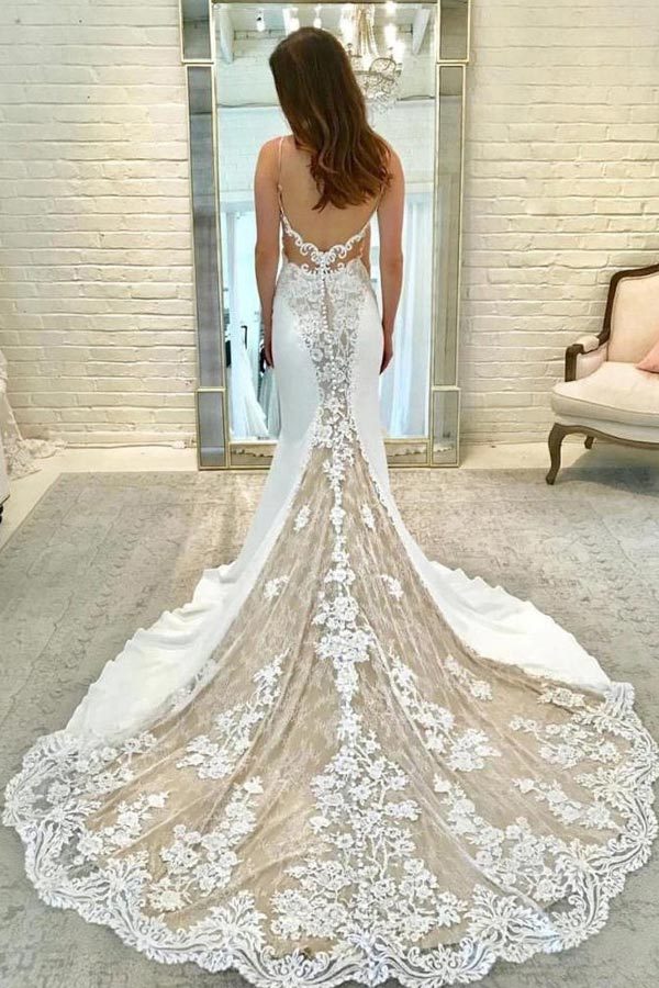 Vintage Mermaid Ivory Satin Gorgeous Lace Wedding Dress