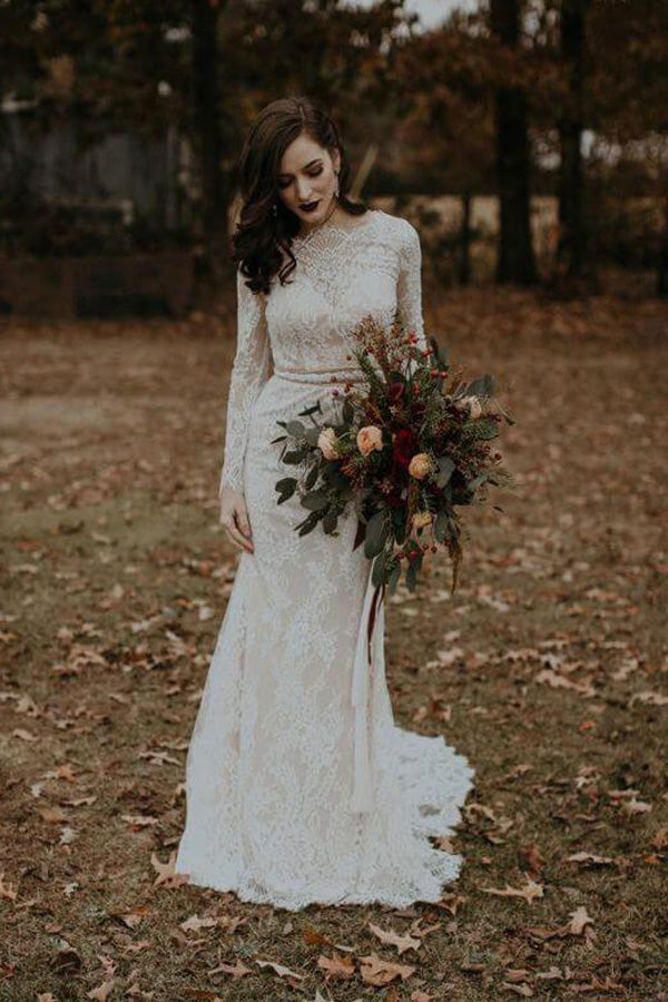 Vintage Mermaid Long Sleeve Lace Wedding Dress Rustic Bridal Dress