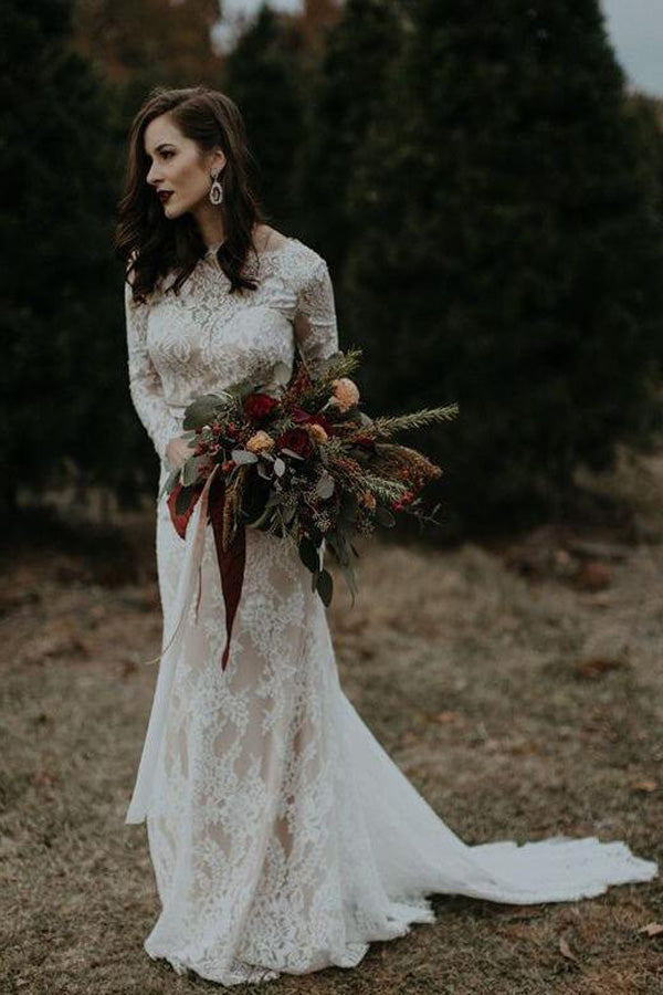 Vintage Mermaid Long Sleeve Lace Wedding Dress Rustic Bridal Dress