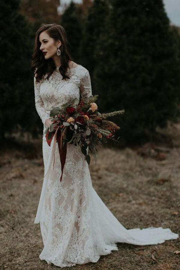 Vintage Mermaid Long Sleeve Lace Wedding Dress Rustic Bridal Dress