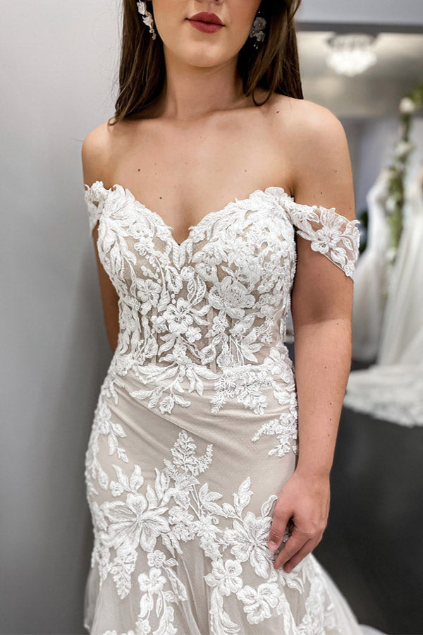 Vintage Off The Shoulder Ivory Lace Wedding Dress Mermaid Wedding Gown WW291 winkbridal