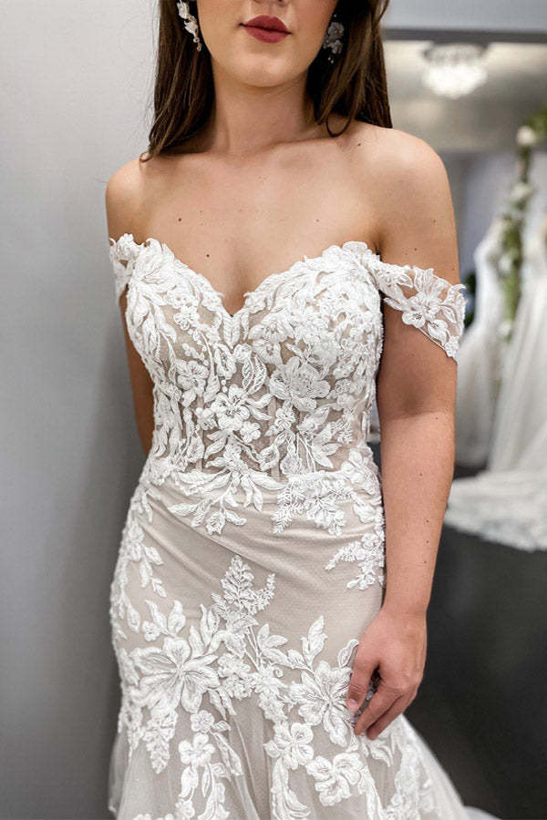 Vintage Off The Shoulder Ivory Lace Wedding Dress Mermaid Wedding Gown WW291 winkbridal