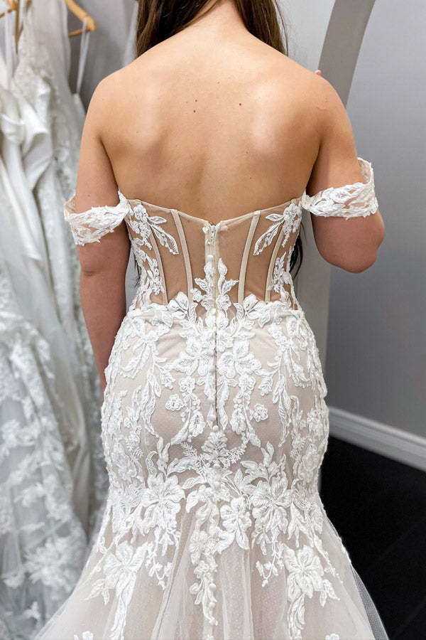 Vintage Off The Shoulder Ivory Lace Wedding Dress Mermaid Wedding Gown WW291 winkbridal
