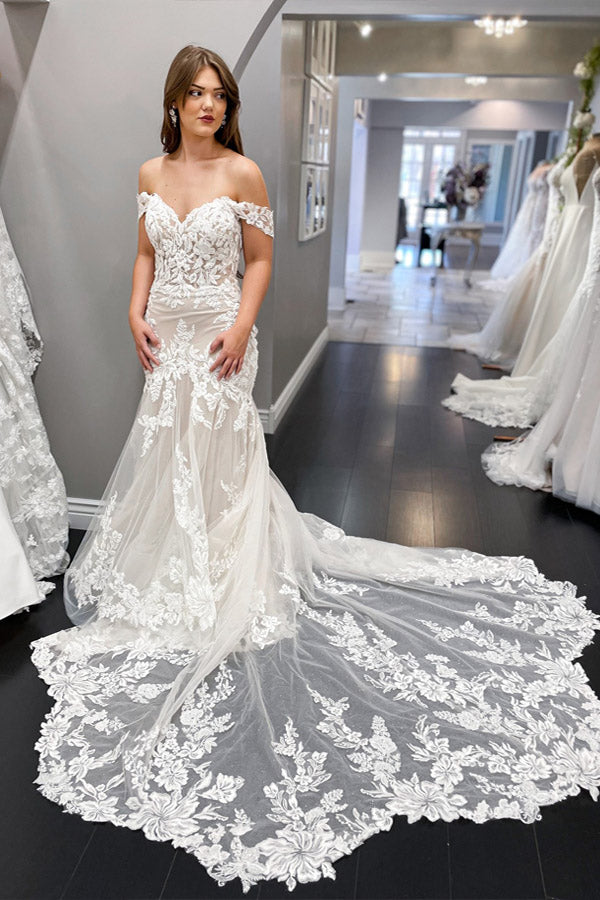 Vintage Off The Shoulder Ivory Lace Wedding Dress Mermaid Wedding Gown WW291 winkbridal