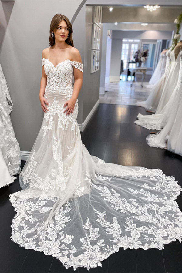 Vintage Off The Shoulder Ivory Lace Wedding Dress Mermaid Wedding Gown WW291 winkbridal