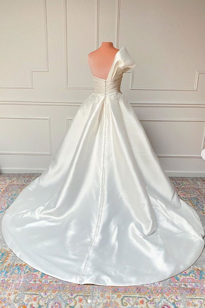 Vintage Satin One Shoulder Wedding Dress Ivory Bridal Gown