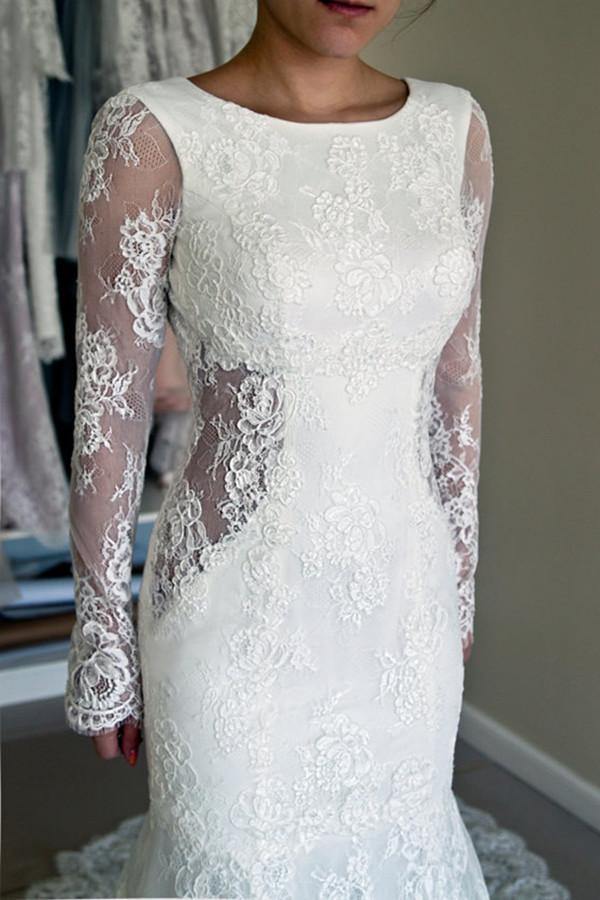 Vintage Scoop Long Sleeves Mermaid Wedding Dress Lace Wedding Gown WW303 winkbridal