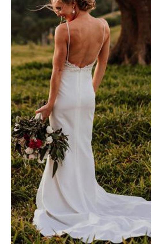 Vintage Spaghetti Straps Satin Wedding Dress With Lace Top