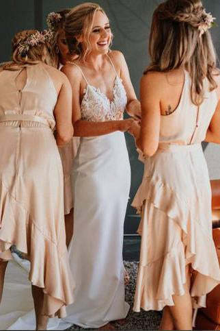 Vintage Spaghetti Straps Satin Wedding Dress With Lace Top