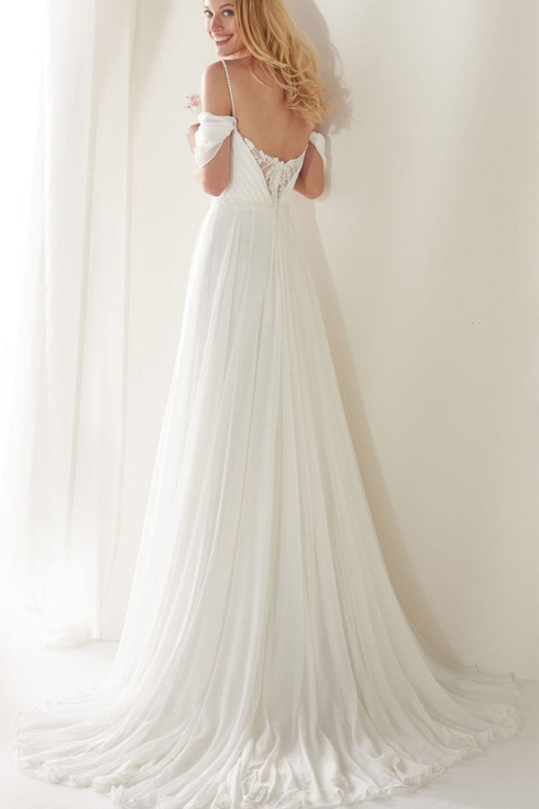 White Chiffon Spaghetti Straps Beach Wedding Dress