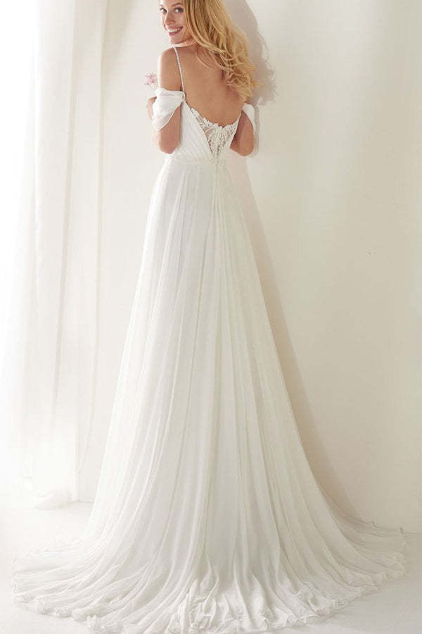 White Chiffon Spaghetti Straps Beach Wedding Dress