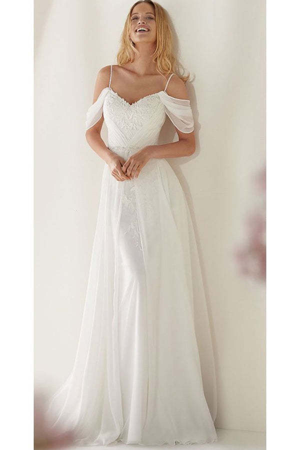 White Chiffon Spaghetti Straps Beach Wedding Dress