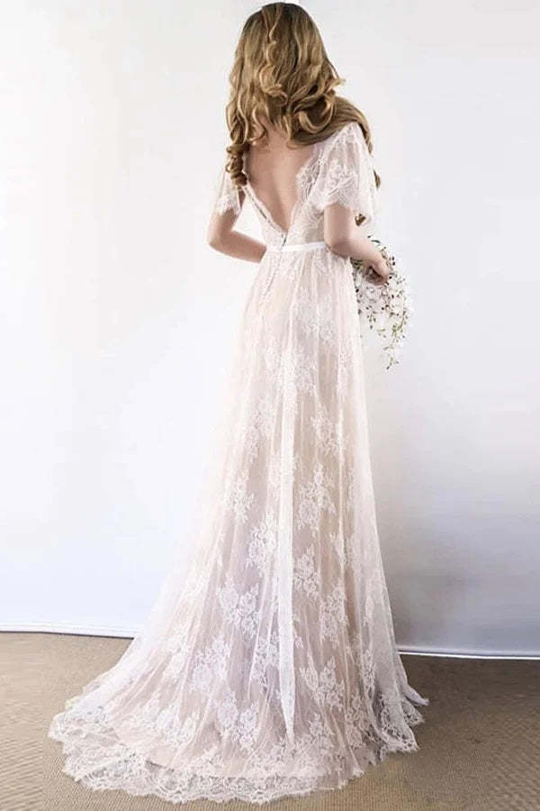White Lace A Line Open Back Long Wedding Dress Romantic Bridal Gown