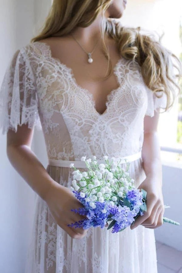 White Lace A Line Open Back Long Wedding Dress Romantic Bridal Gown