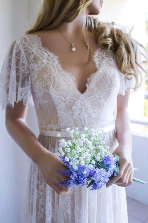 White Lace A Line Open Back Long Wedding Dress Romantic Bridal Gown