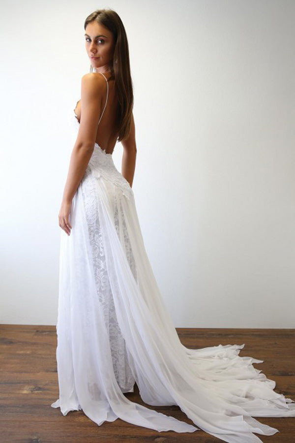 White Lace Thin Straps Wedding Dress With Chiffon