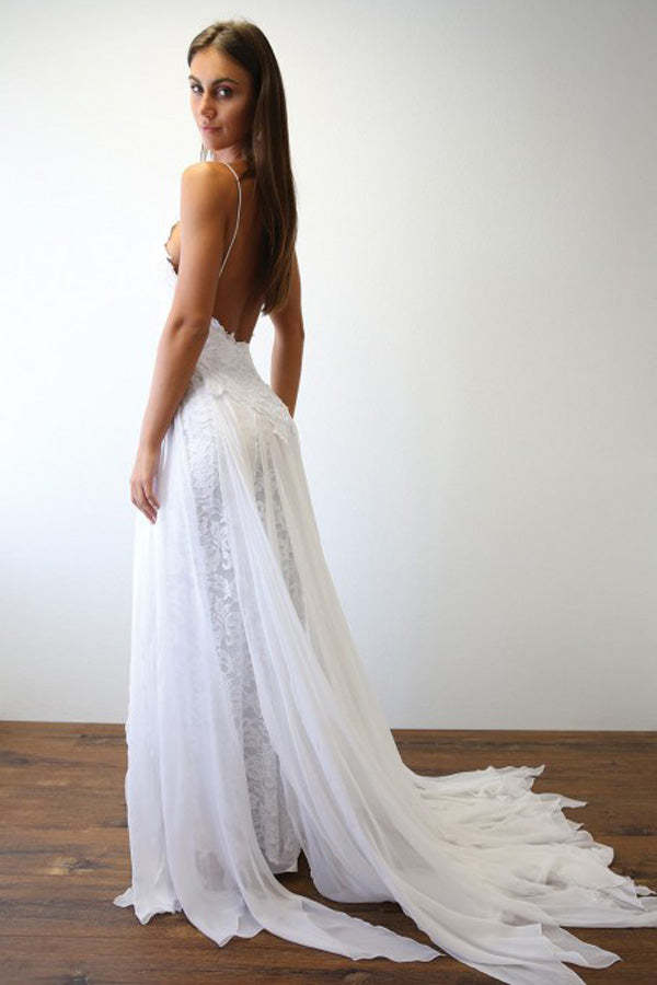 White Lace Thin Straps Wedding Dress With Chiffon