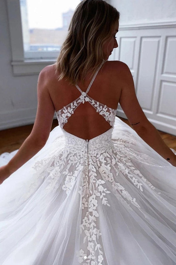 White Tulle Open Back Long Wedding Dresses With Lace Appliques
