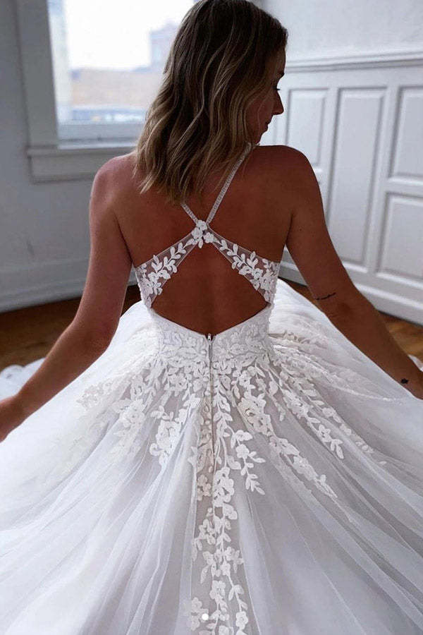 White Tulle Open Back Long Wedding Dresses With Lace Appliques
