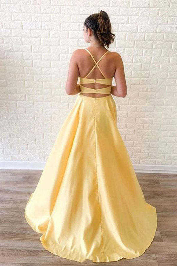 Yellow A-line Spaghetti Straps Satin Prom Dress With Slit