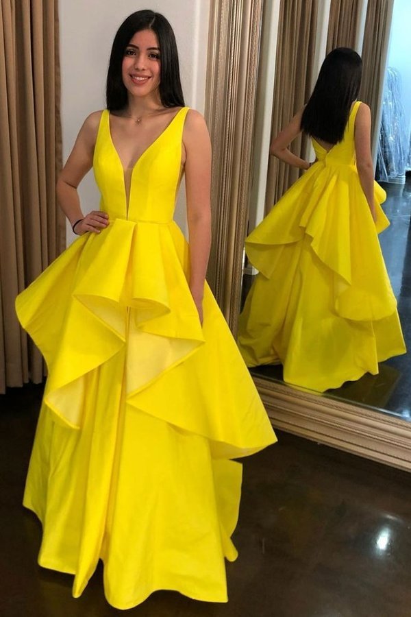 Yellow A Line V-neck Layered Satin Long Prom Dress