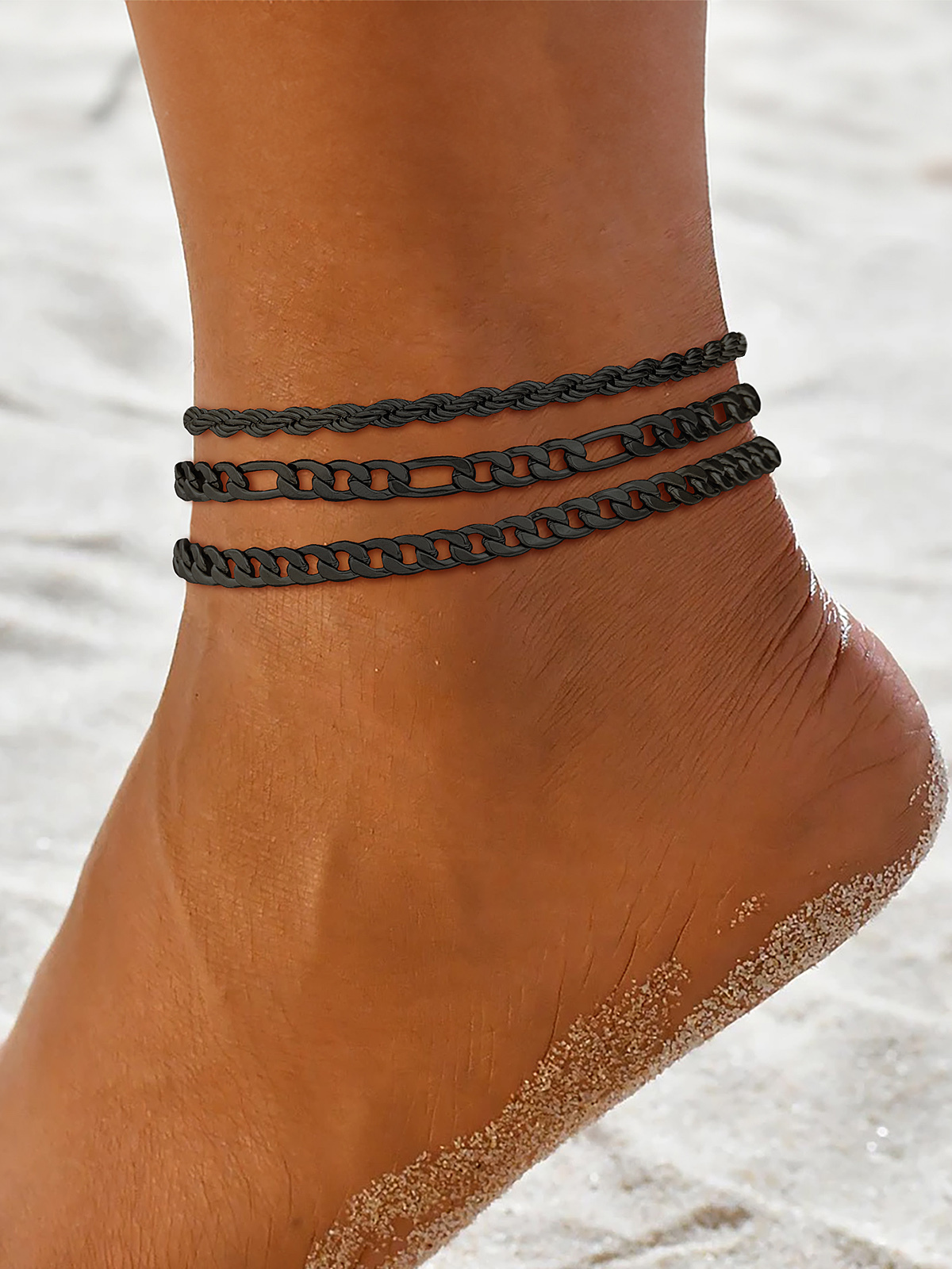 3 Pcs Layered Anklet Set in Black Plated (Rope/Figaro/Cuban Chain)
